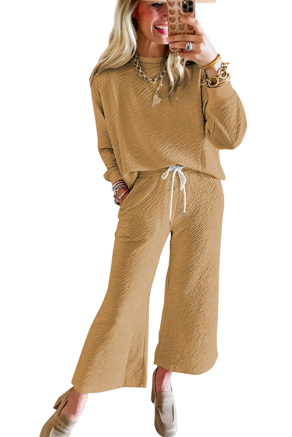 White Textured Long Sleeve Top Drawstring Pants Set