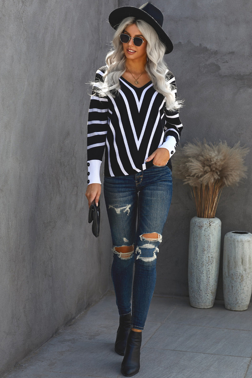 Black V Neck Popper Cuff Striped Casual Sweater