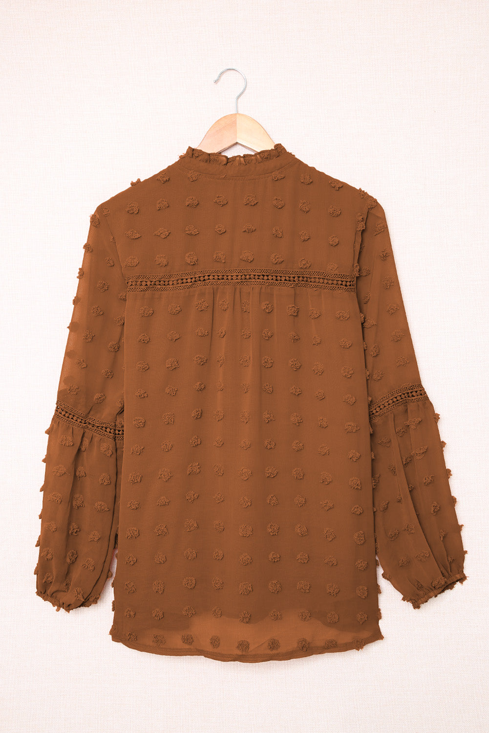 Green Ruffled Split Neck Lace Hollow Out Puff Sleeve Polka Dot Blouse