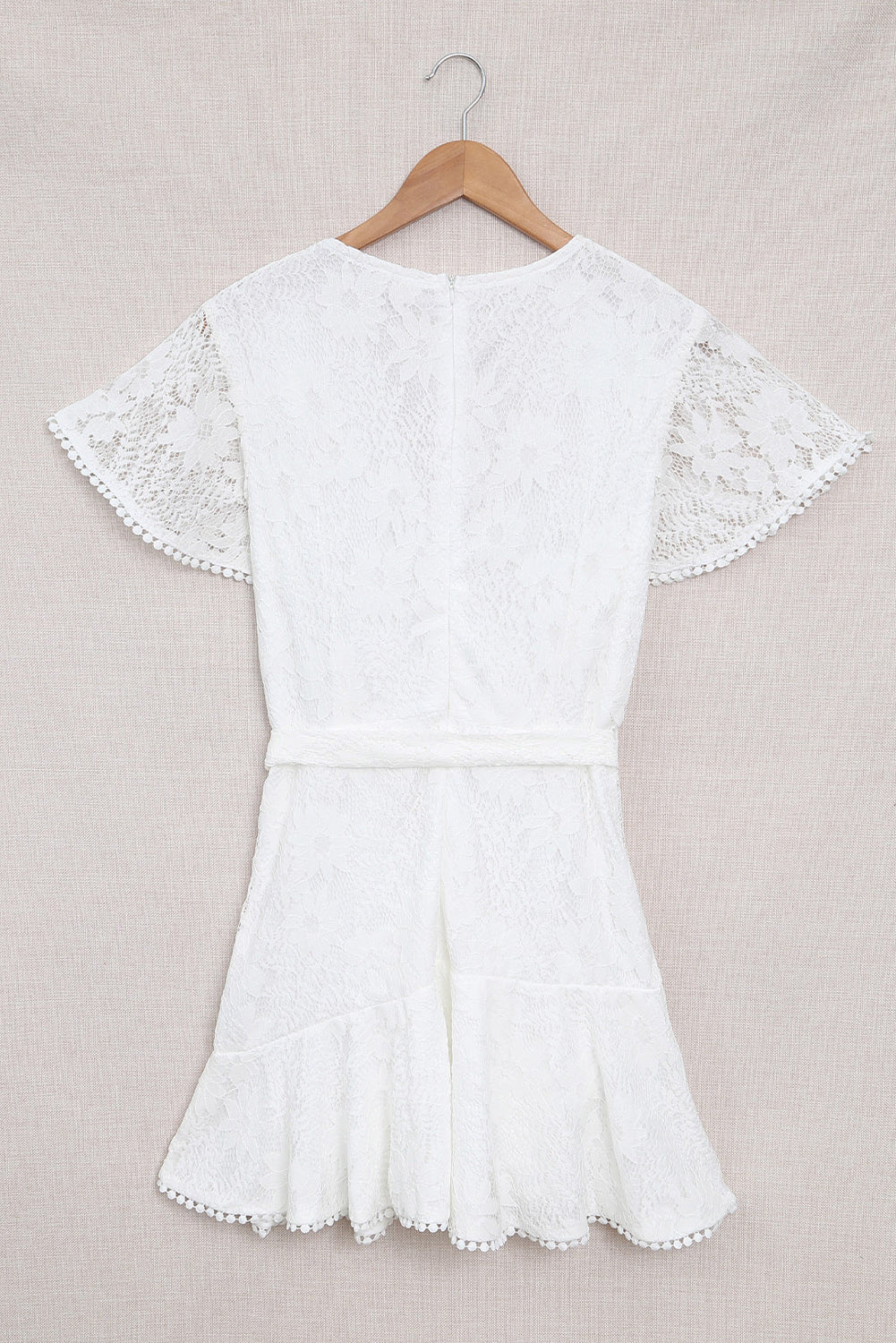 Pink Flutter Sleeve Wrap V Neck Floral Lace Short Dress