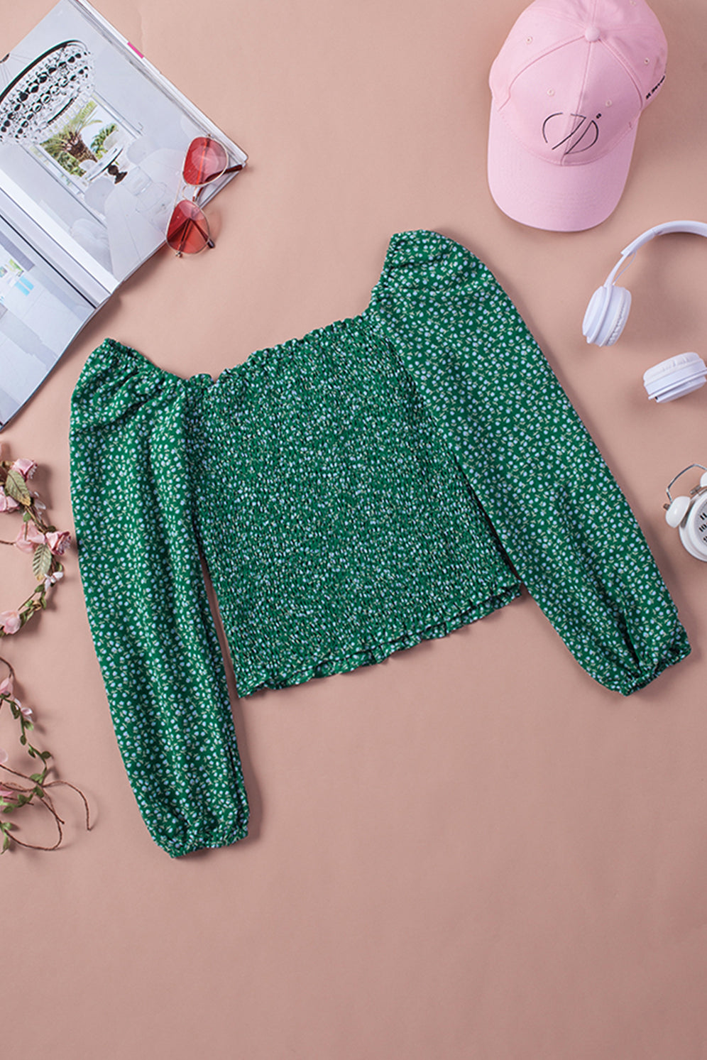 Green Square Neck Puff Sleeve Floral Smocked Top