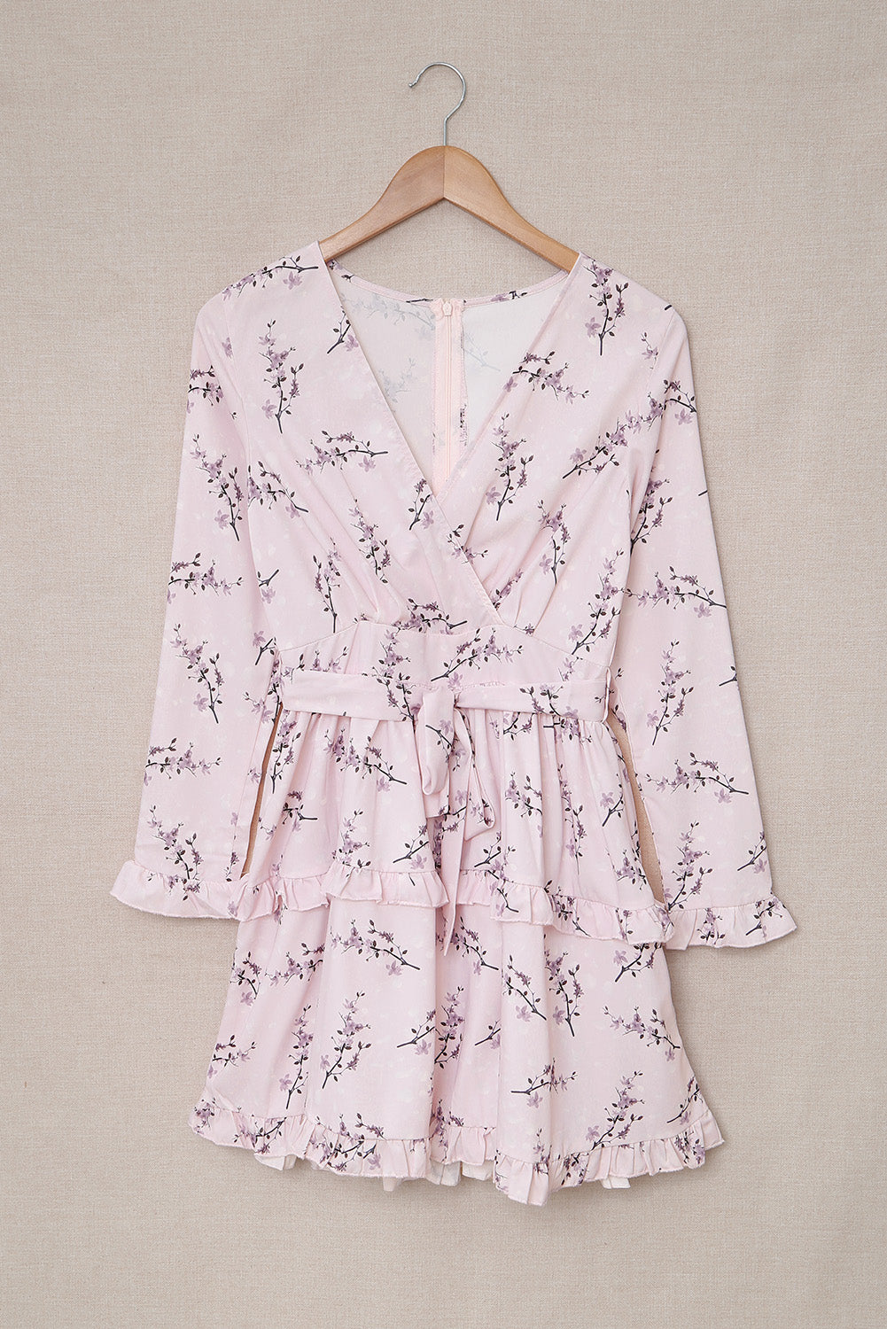 Pink Floral Print Ruffle Hemline Wrap Mini Dress
