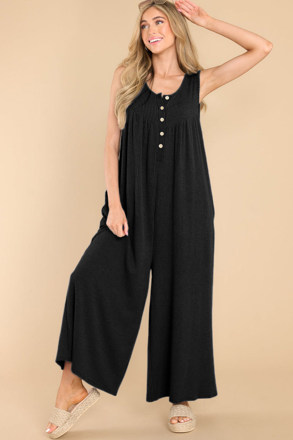 Medium Grey Sleeveless Buttons Wide Leg Rib Knit Jumpsuit