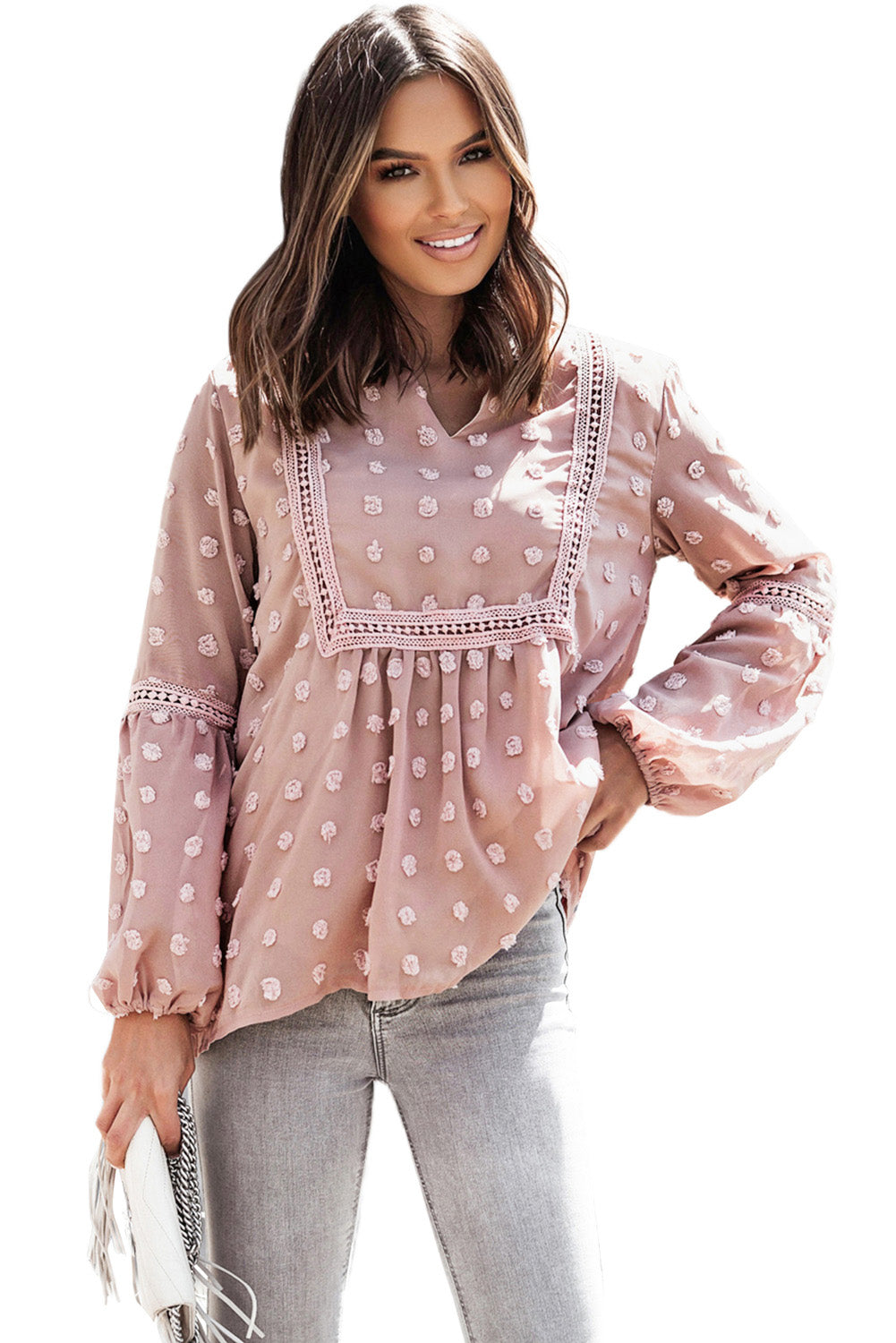 Green Ruffled Split Neck Lace Hollow Out Puff Sleeve Polka Dot Blouse