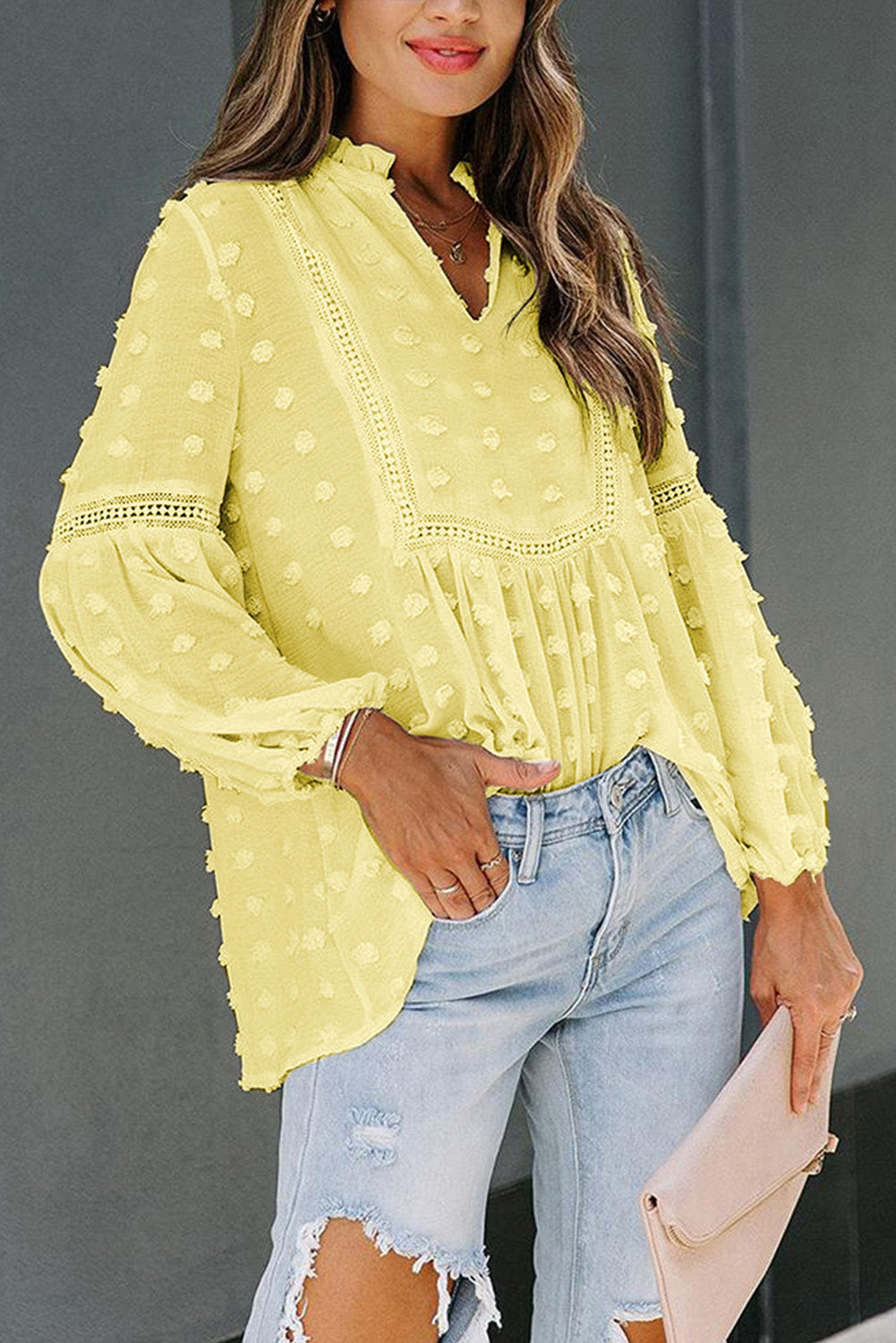 Green Ruffled Split Neck Lace Hollow Out Puff Sleeve Polka Dot Blouse