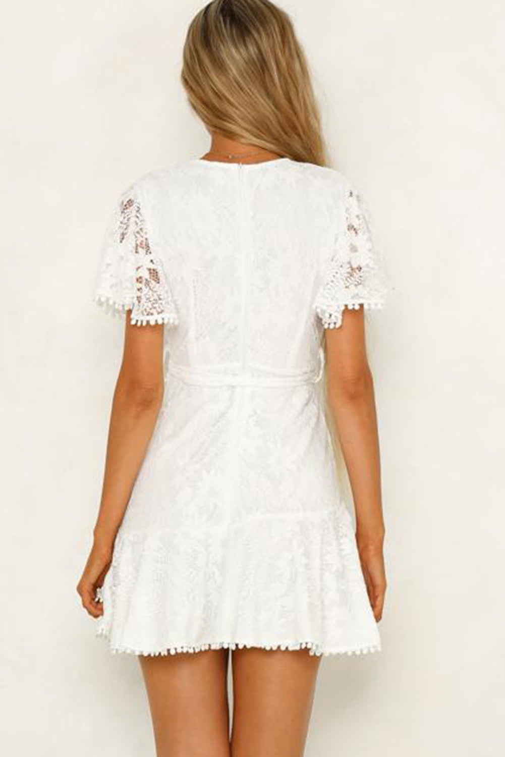 Pink Flutter Sleeve Wrap V Neck Floral Lace Short Dress