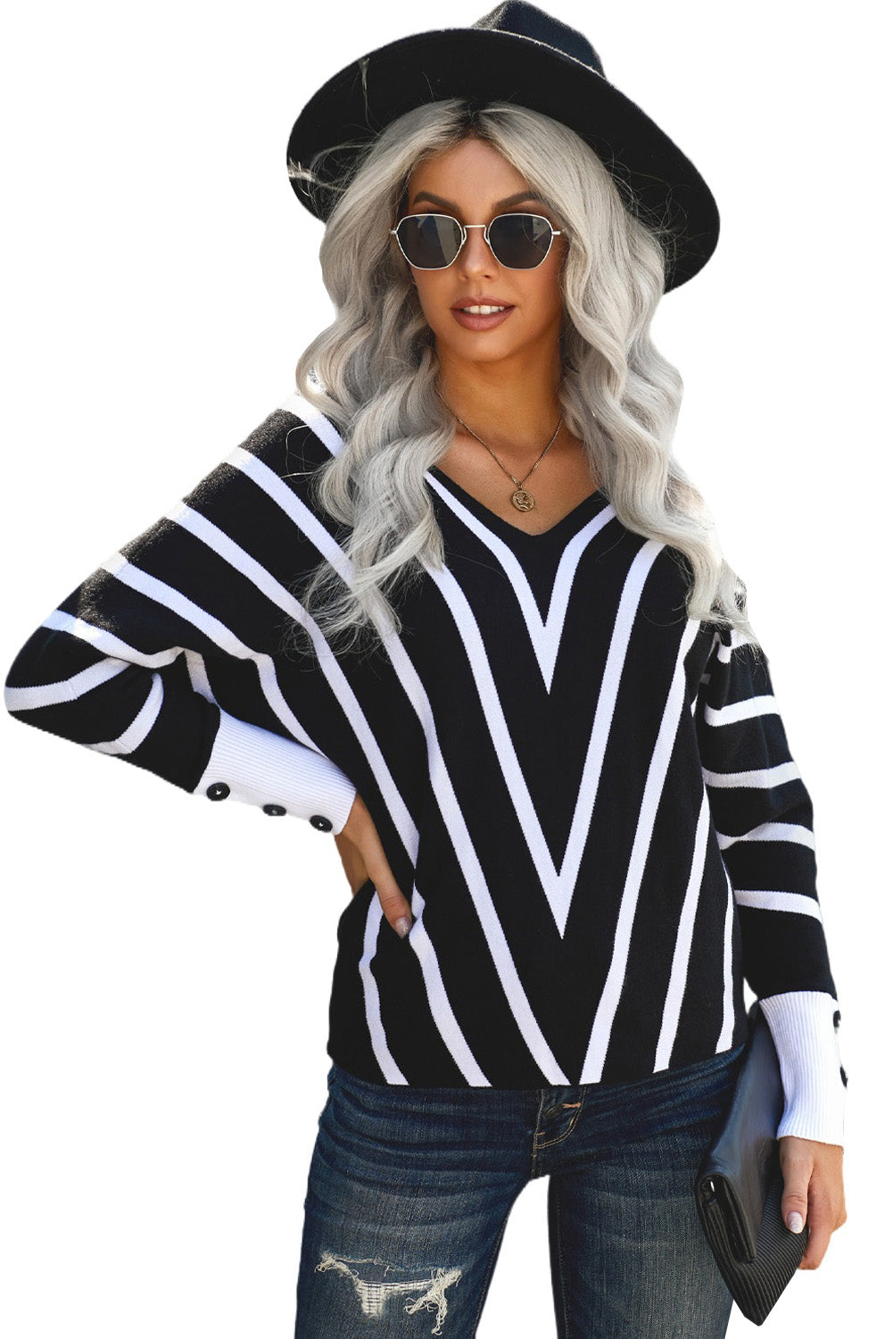Black V Neck Popper Cuff Striped Casual Sweater