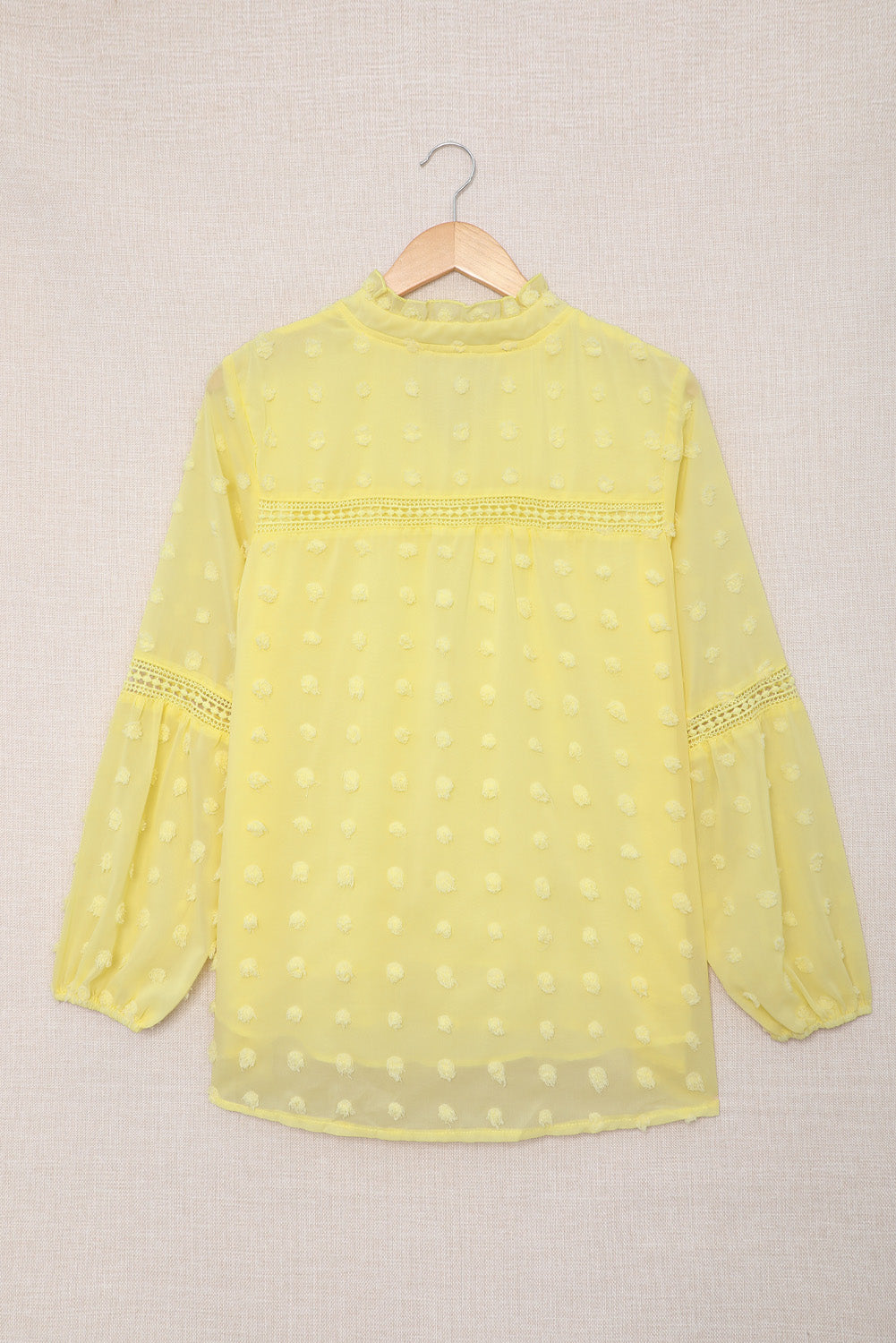 Green Ruffled Split Neck Lace Hollow Out Puff Sleeve Polka Dot Blouse