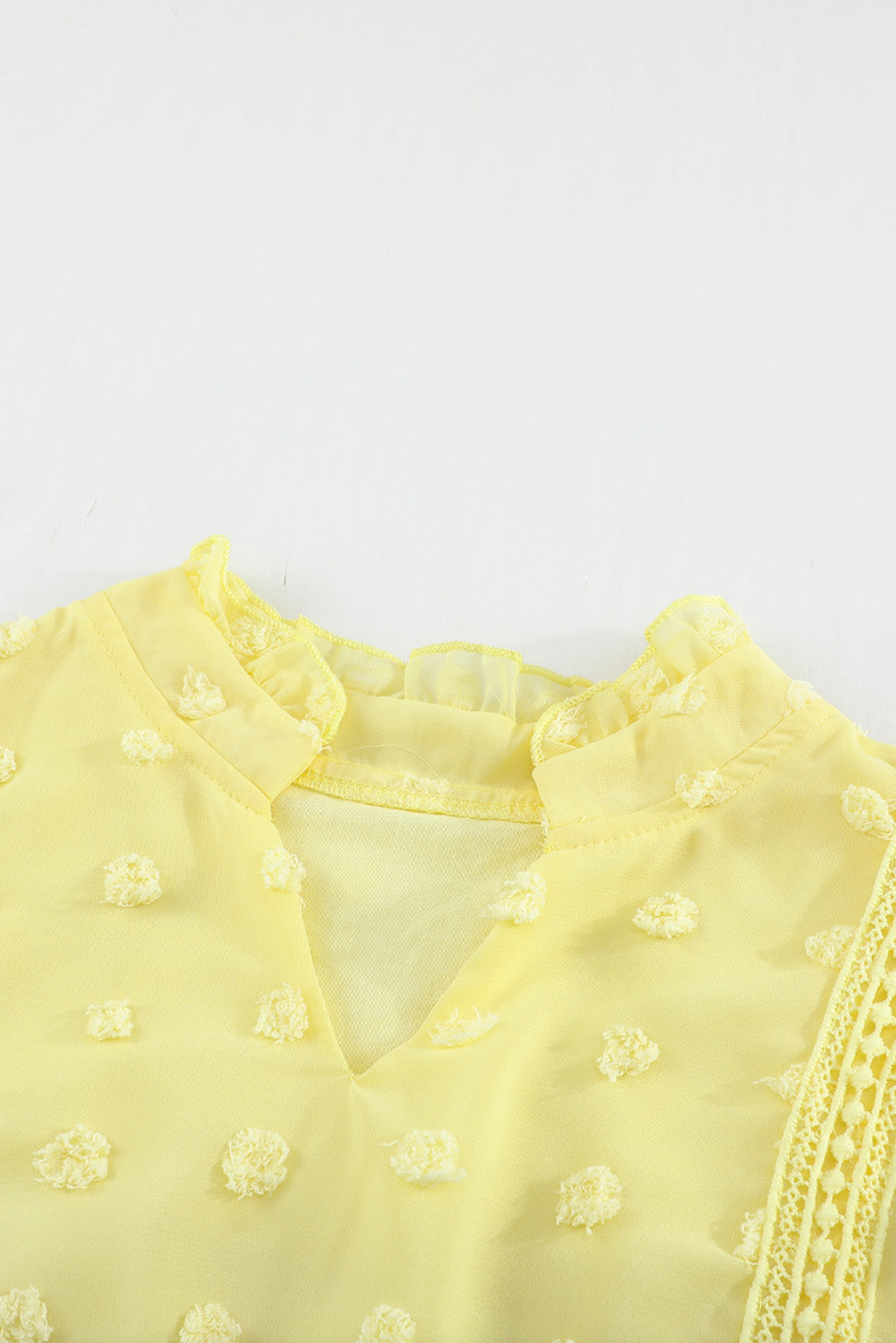 Green Ruffled Split Neck Lace Hollow Out Puff Sleeve Polka Dot Blouse