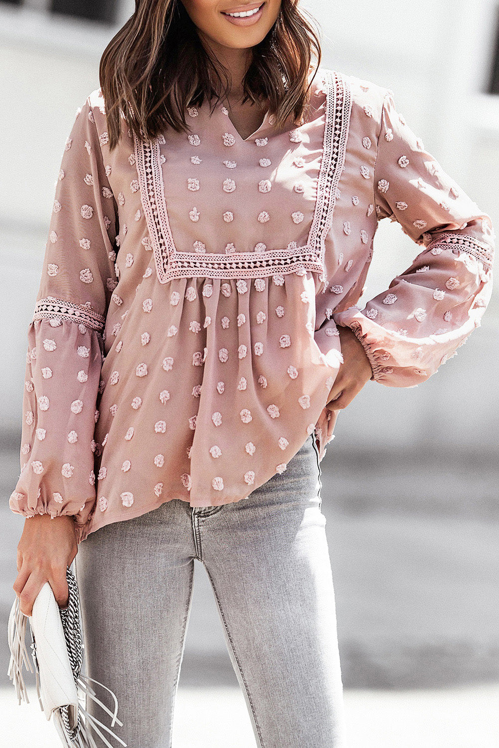 Green Ruffled Split Neck Lace Hollow Out Puff Sleeve Polka Dot Blouse