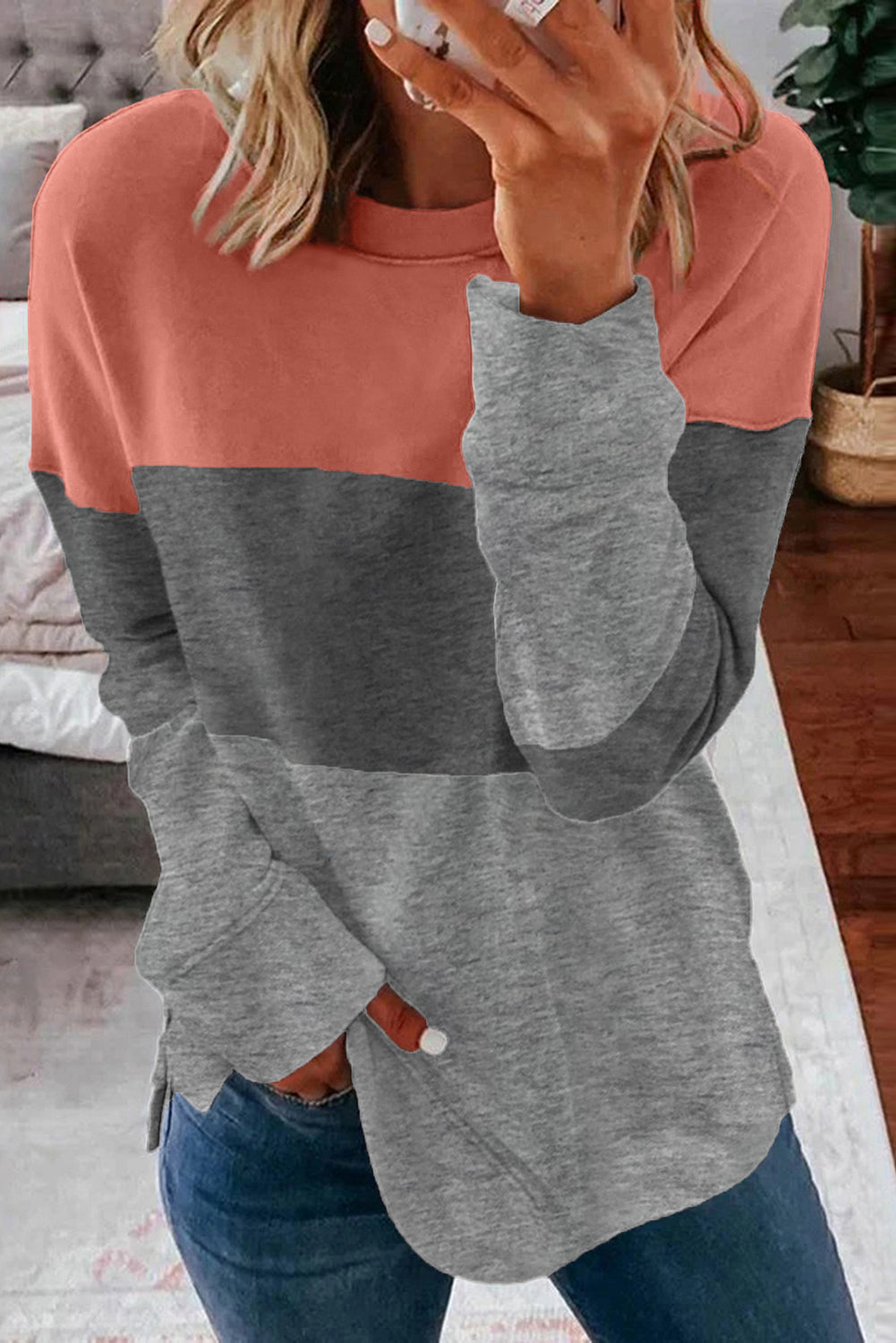 Colorblock Orange Contrast Stitching Sweatshirt with Slits