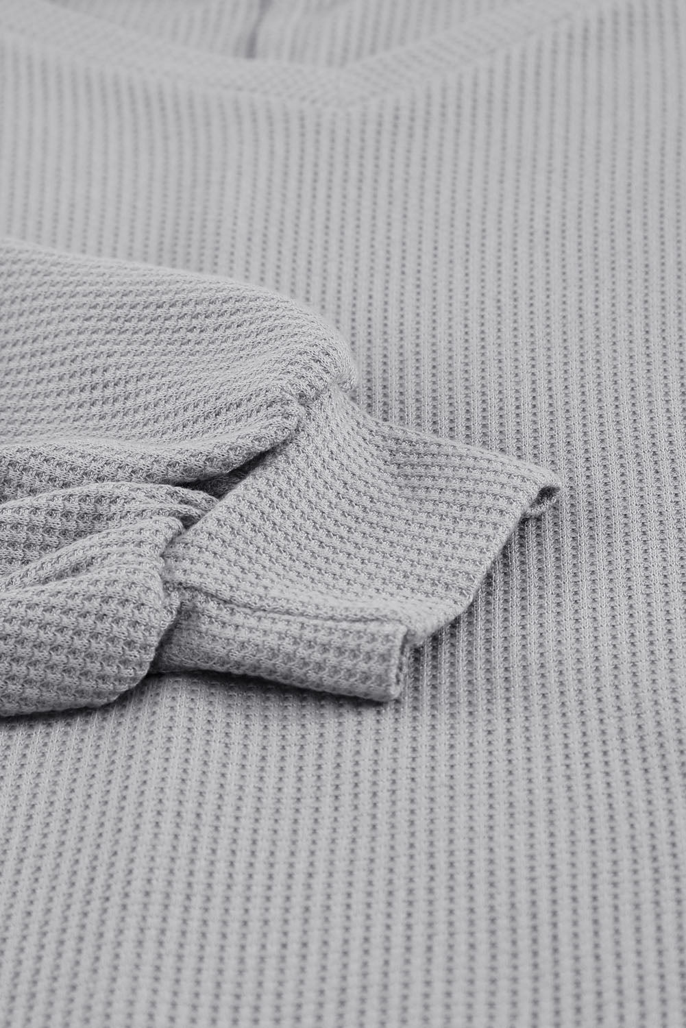 Grey Waffle Ruffled V Neck Loose Knit Top