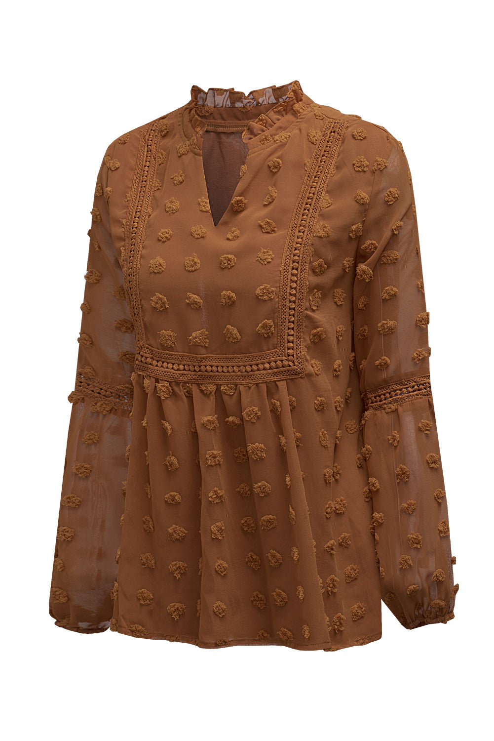 Green Ruffled Split Neck Lace Hollow Out Puff Sleeve Polka Dot Blouse