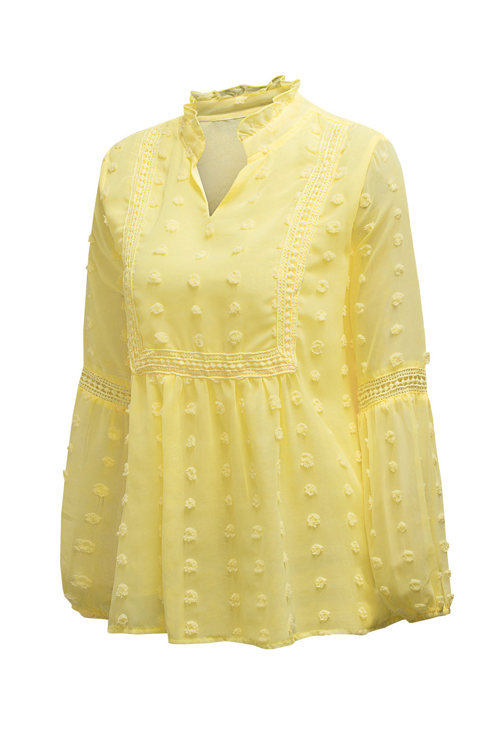 Green Ruffled Split Neck Lace Hollow Out Puff Sleeve Polka Dot Blouse