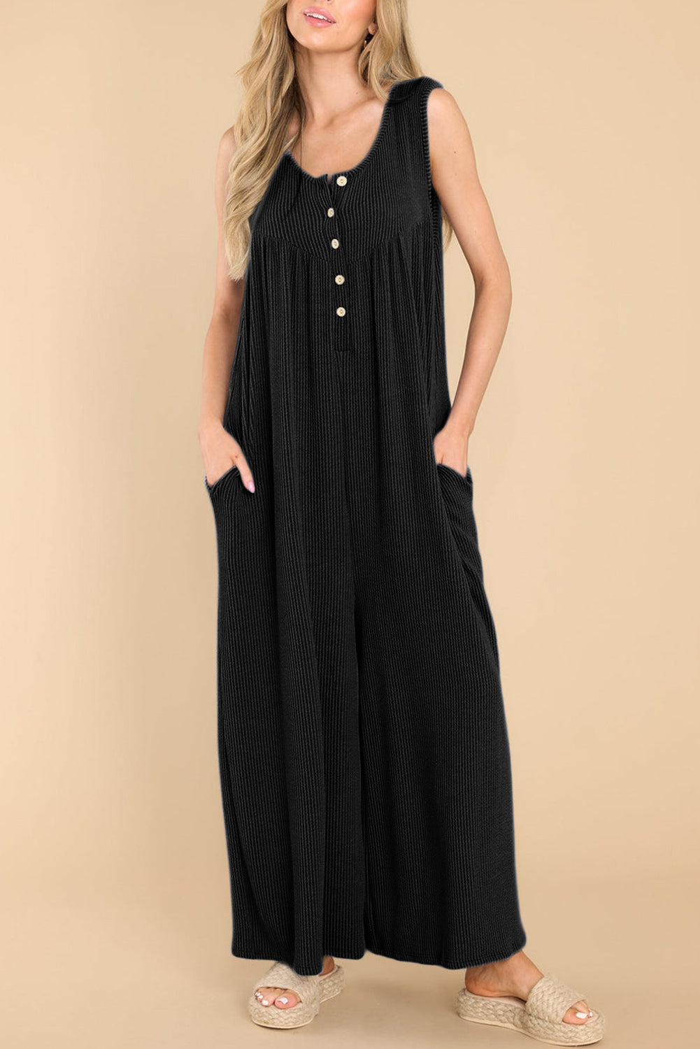 Medium Grey Sleeveless Buttons Wide Leg Rib Knit Jumpsuit