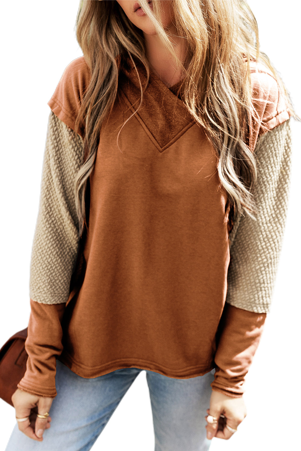 Parchment Contrast Sleeves Patchwork Colorblock Hoodie