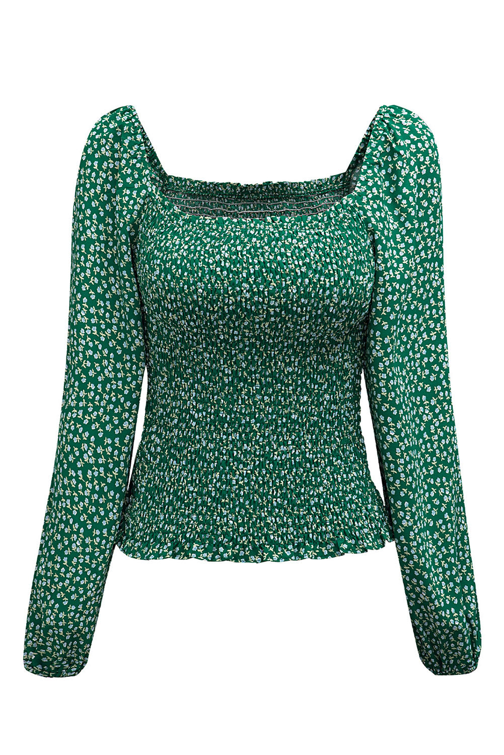 Green Square Neck Puff Sleeve Floral Smocked Top
