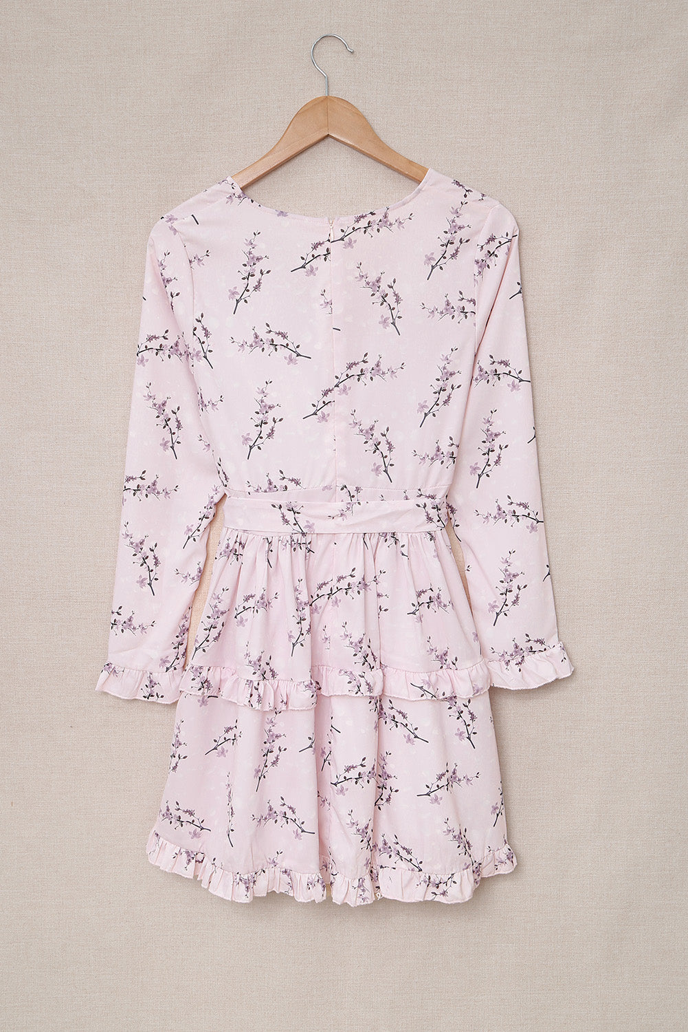 Pink Floral Print Ruffle Hemline Wrap Mini Dress