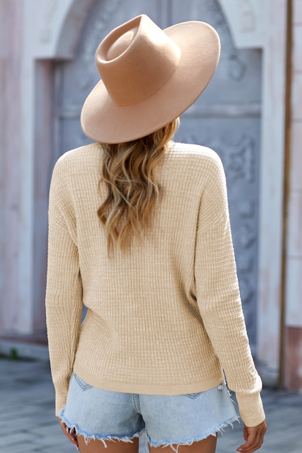 Gray Black/Pink/Gray/Khaki/Apricot Wrap V Neck Waffle Sweater