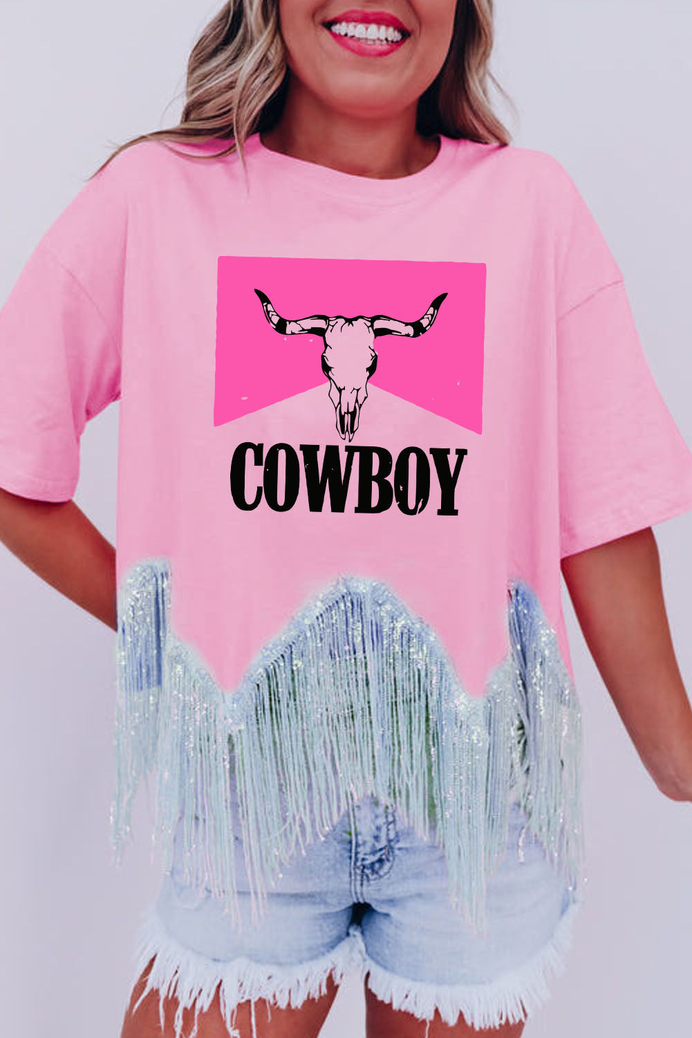 Pink COWBOY Western Fashion Print Sequin Fringed Hem Tee