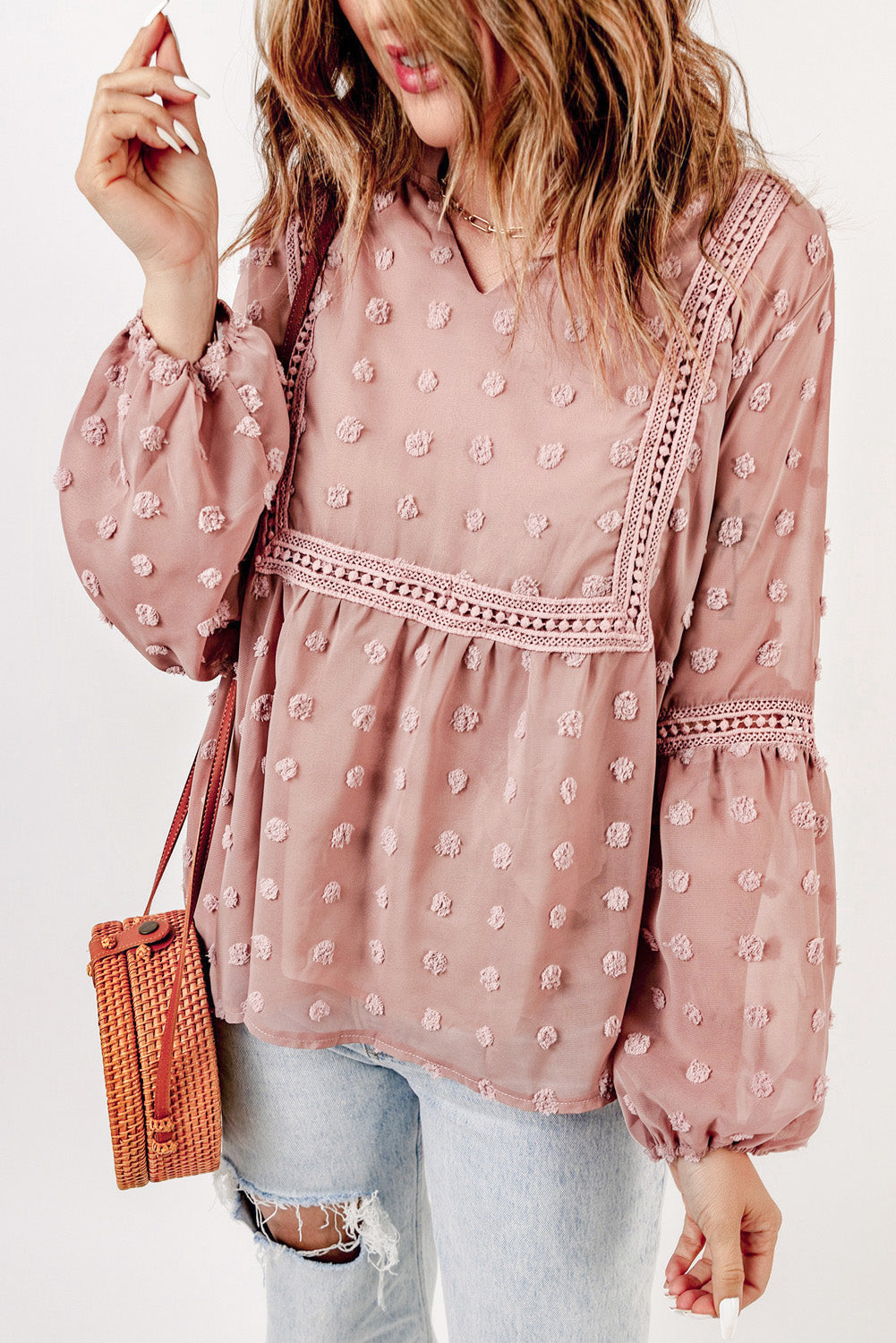 Green Ruffled Split Neck Lace Hollow Out Puff Sleeve Polka Dot Blouse