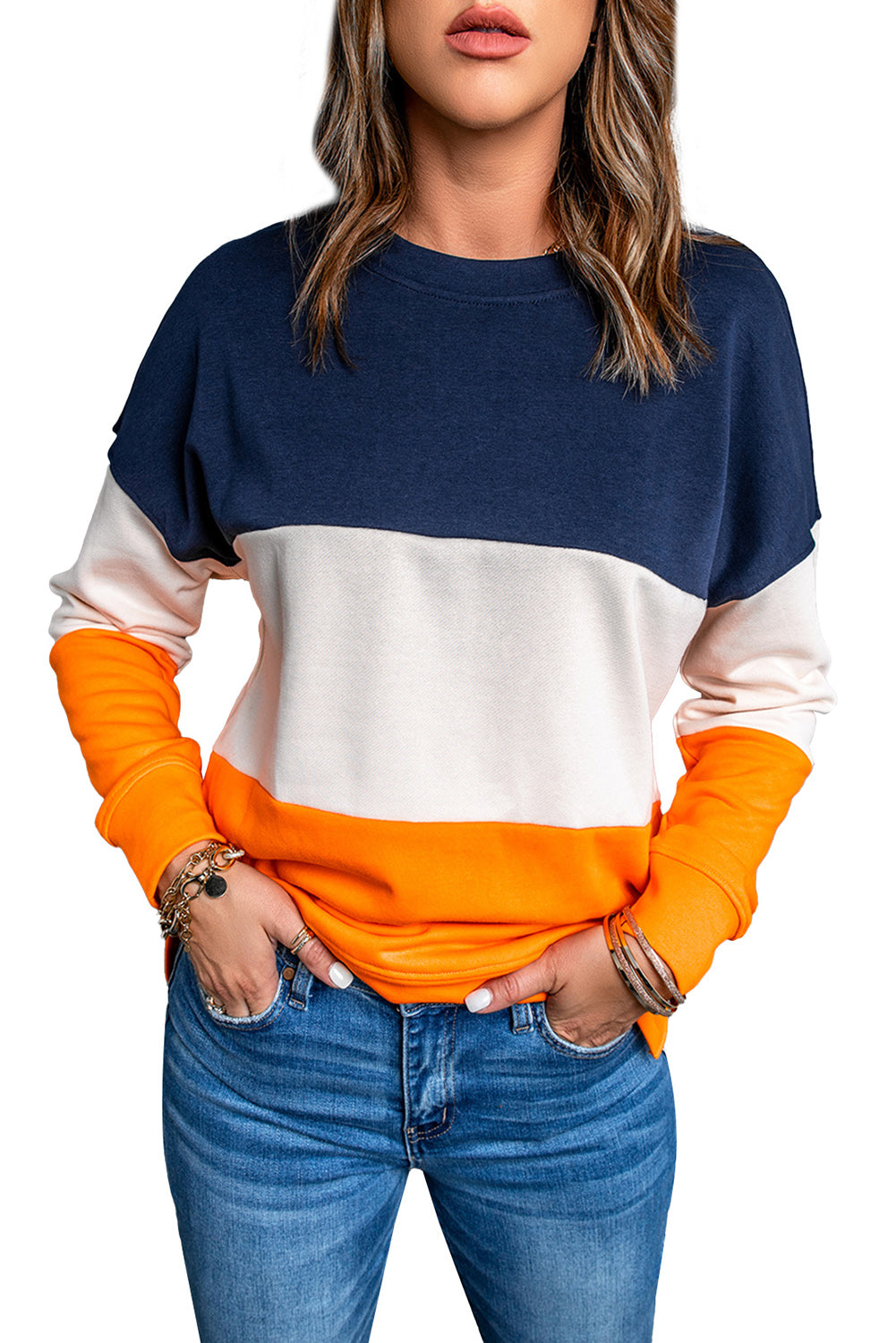 Colorblock Orange Contrast Stitching Sweatshirt with Slits