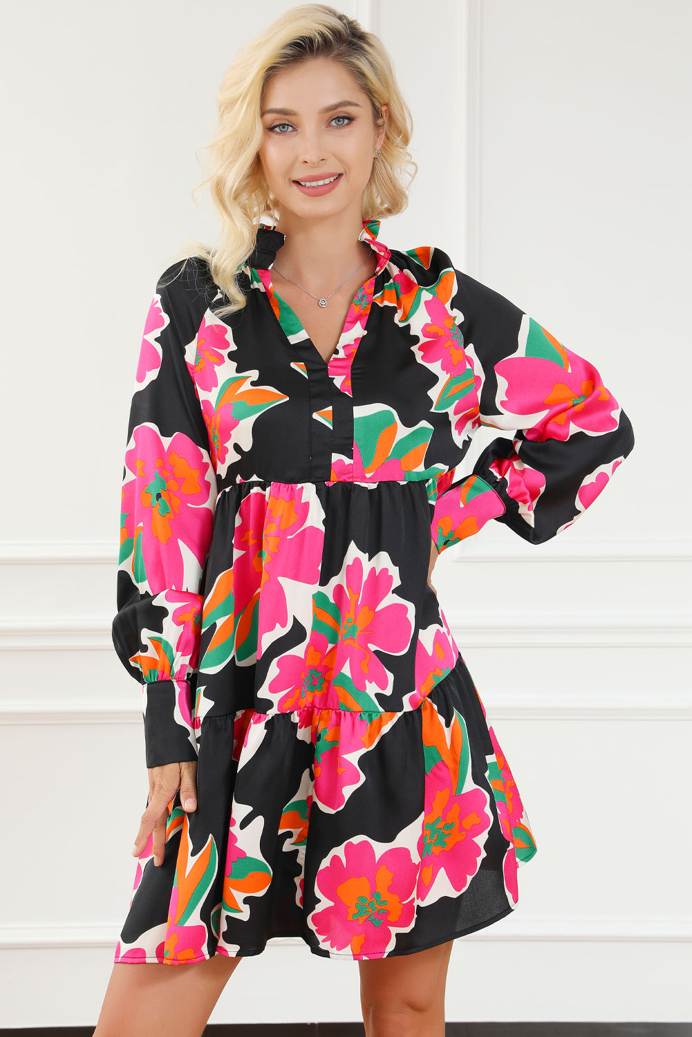 Multicolour Frill Collar Split Neck Long Sleeve Floral Dress