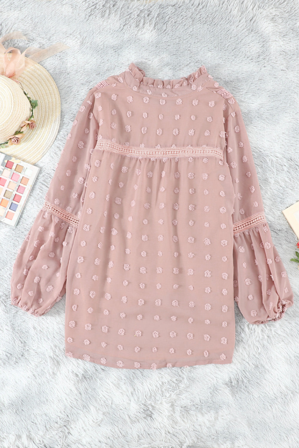 Green Ruffled Split Neck Lace Hollow Out Puff Sleeve Polka Dot Blouse