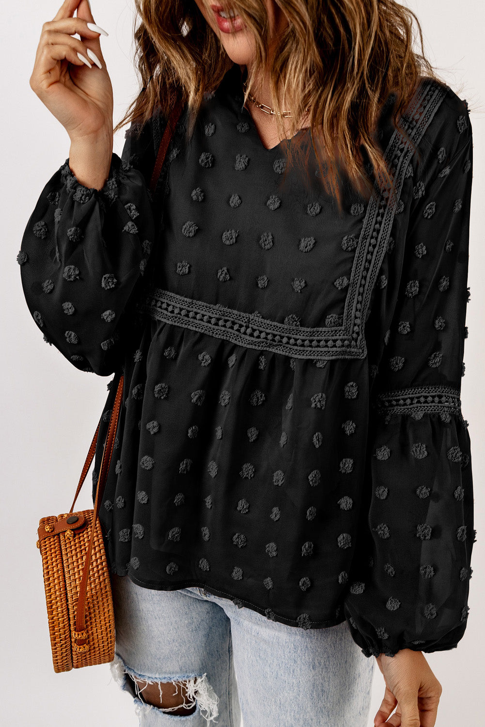 Green Ruffled Split Neck Lace Hollow Out Puff Sleeve Polka Dot Blouse
