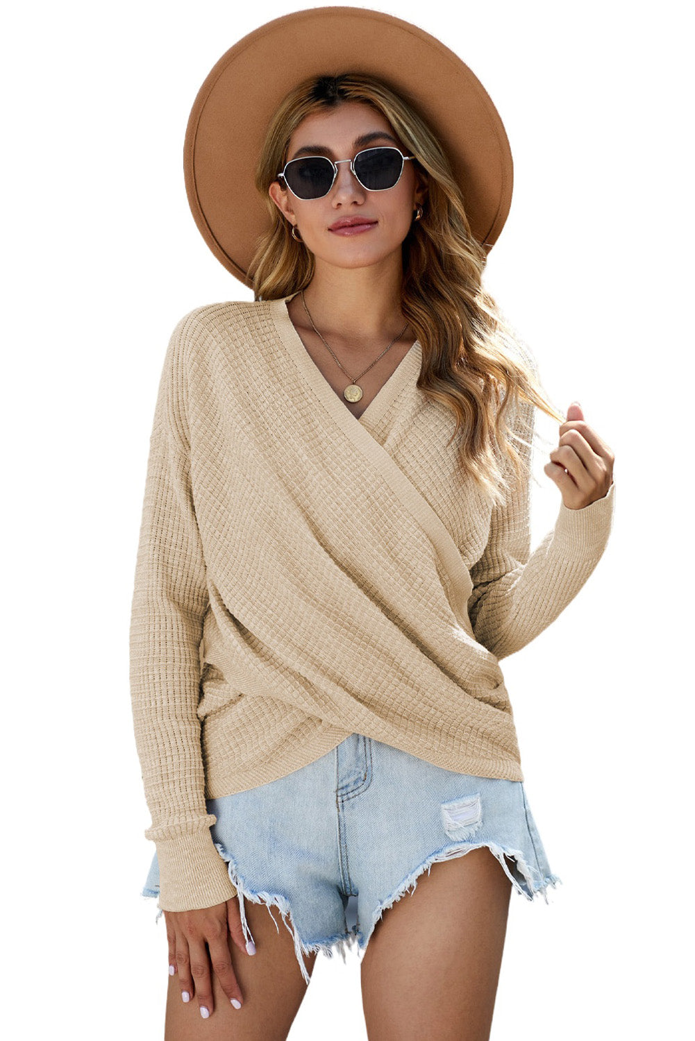 Gray Black/Pink/Gray/Khaki/Apricot Wrap V Neck Waffle Sweater