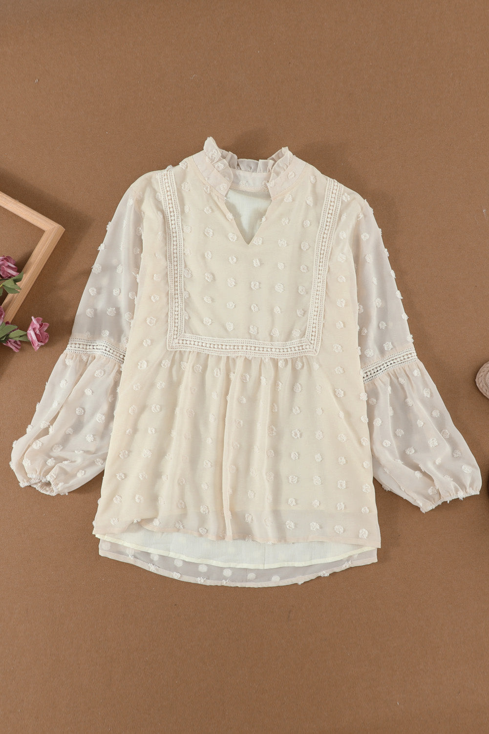 Green Ruffled Split Neck Lace Hollow Out Puff Sleeve Polka Dot Blouse