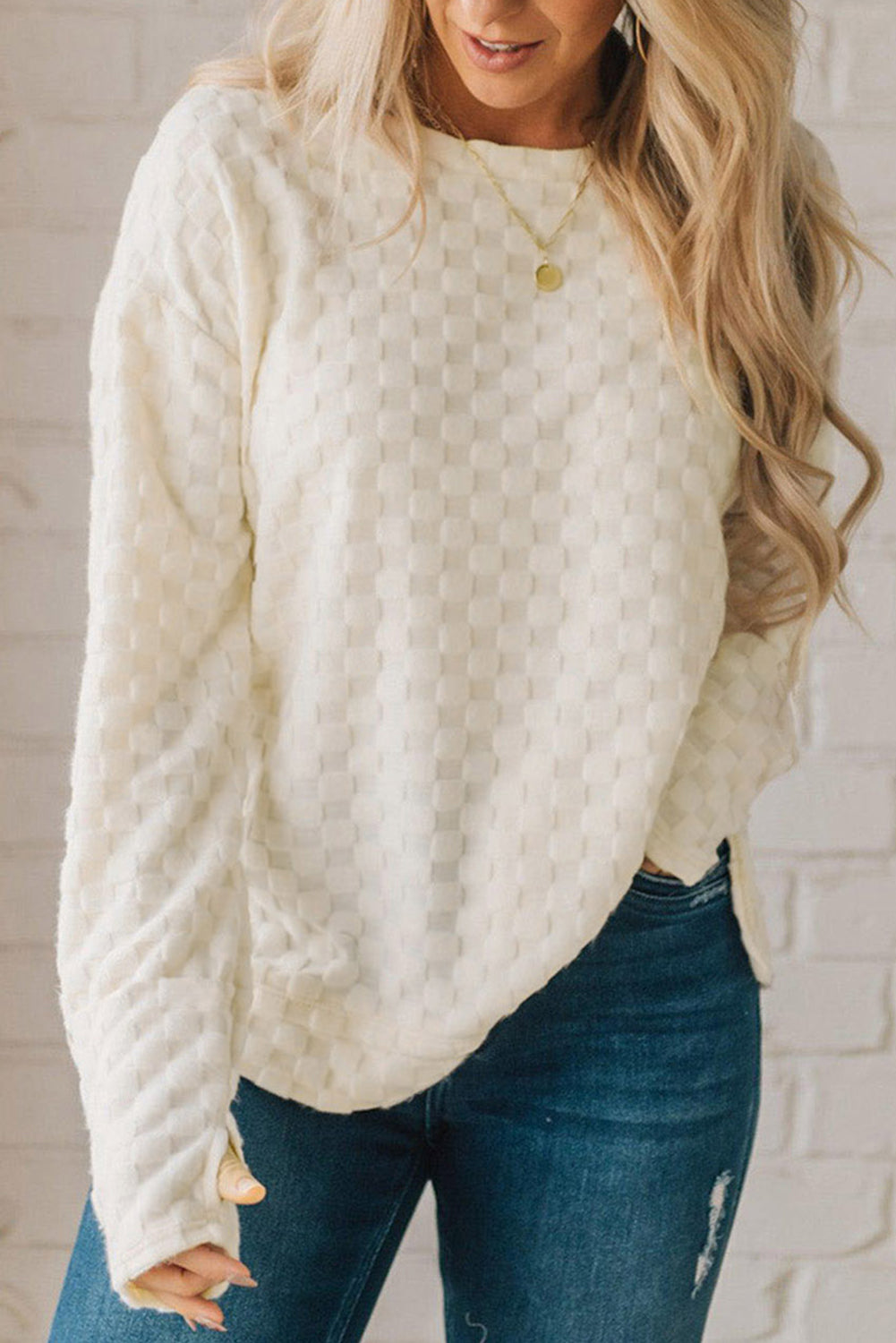 Black Solid Textured Thumbhole Sleeve Top