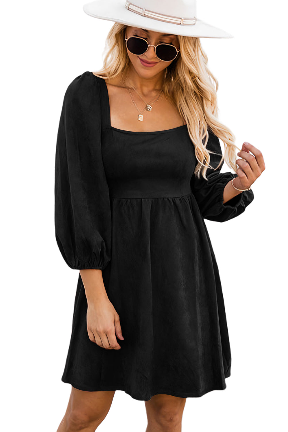 Jungle Green Suede Square Neck Puff Sleeve Dress