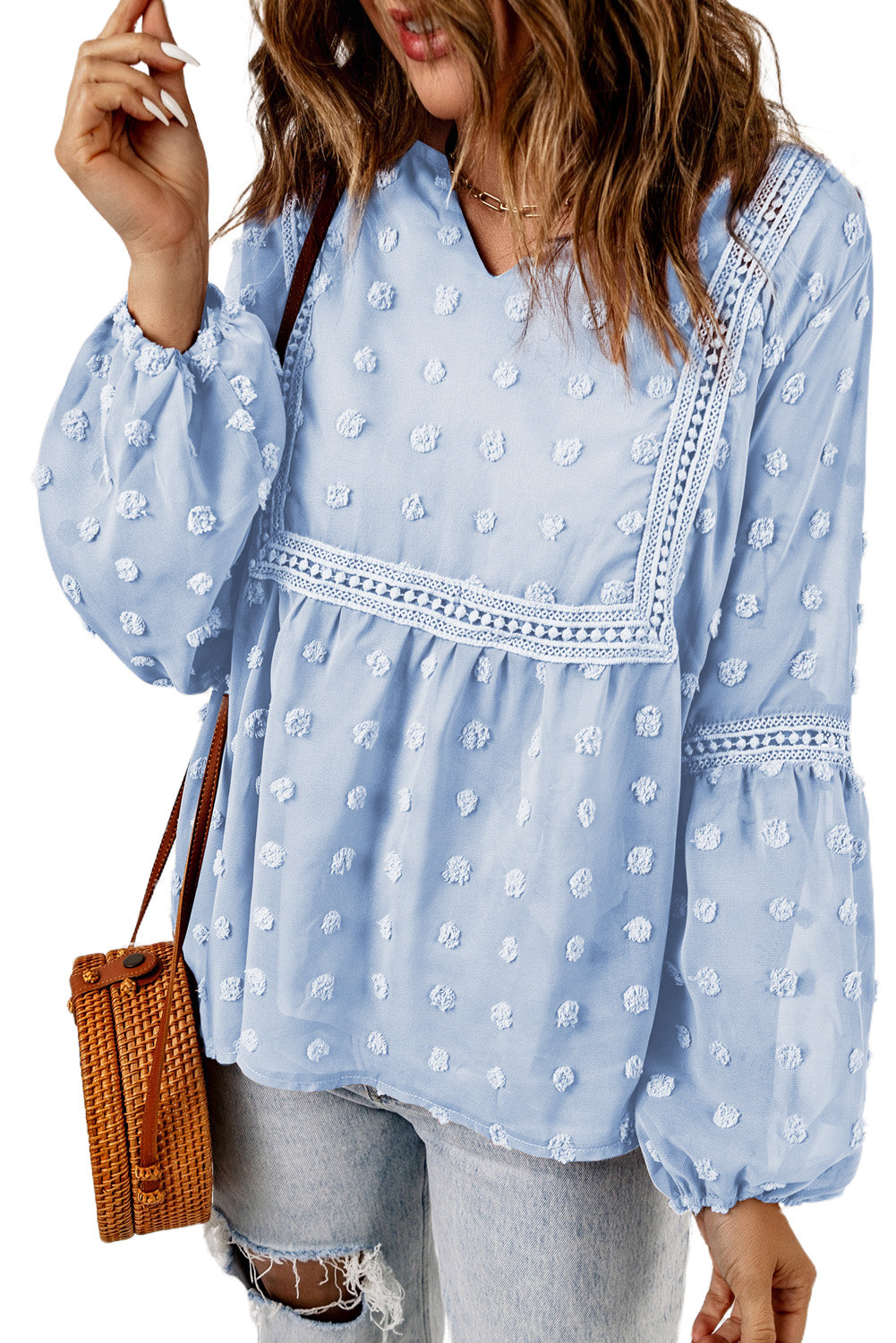 Green Ruffled Split Neck Lace Hollow Out Puff Sleeve Polka Dot Blouse
