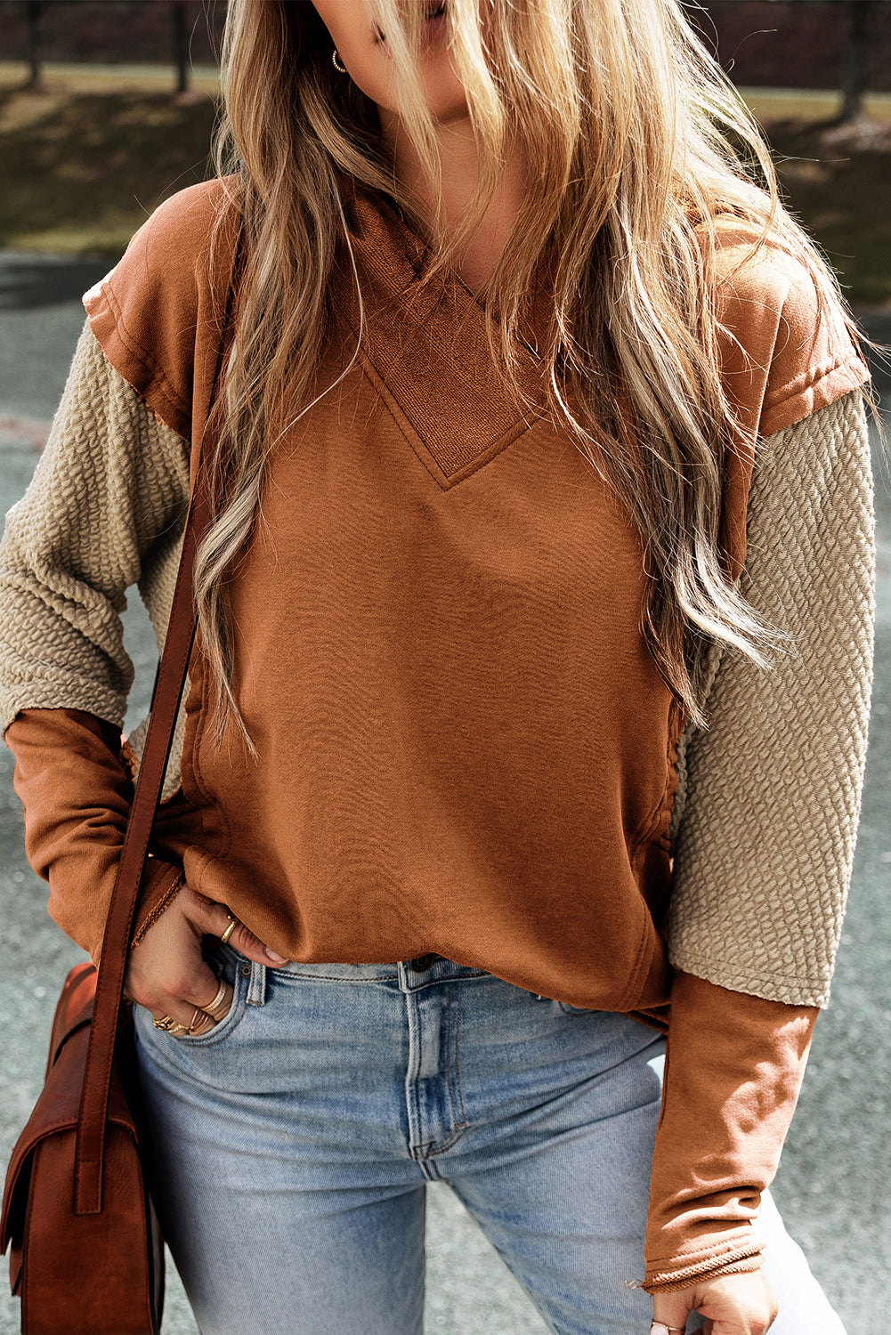 Parchment Contrast Sleeves Patchwork Colorblock Hoodie