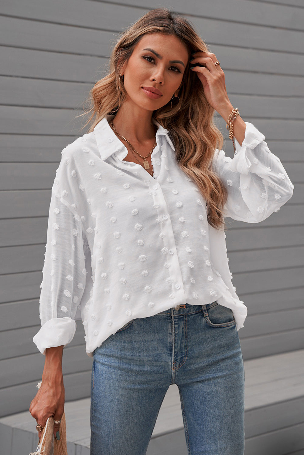 Fiery Red Long Sleeve Button Fuzzy Polka Dot Shirt