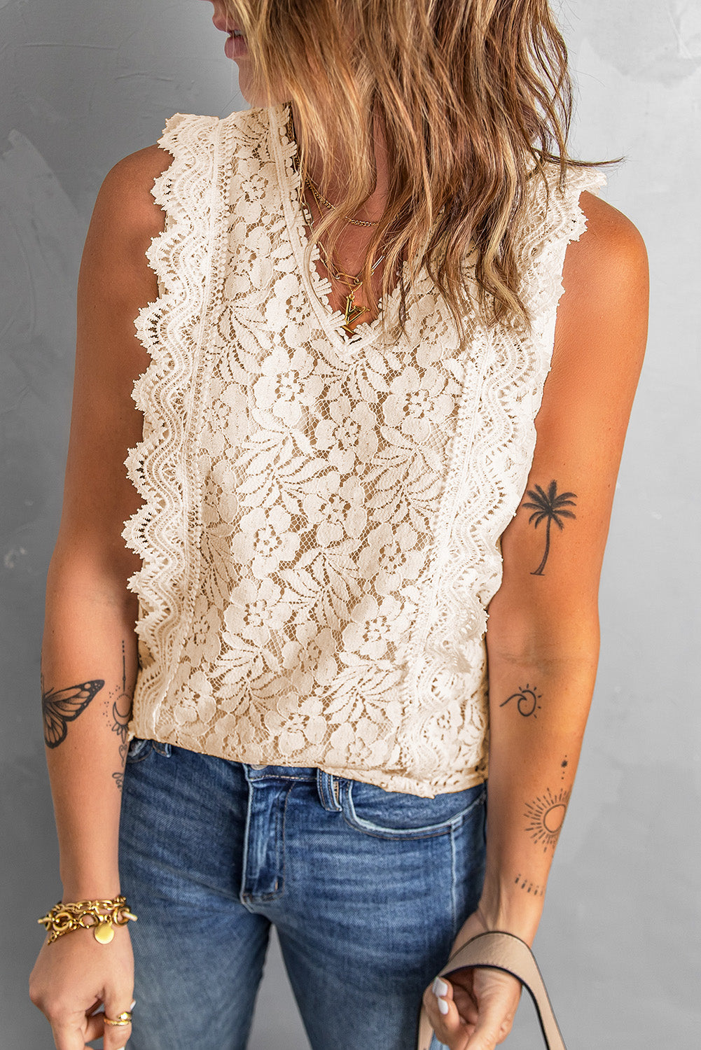 White Lace V Neck Tank Top