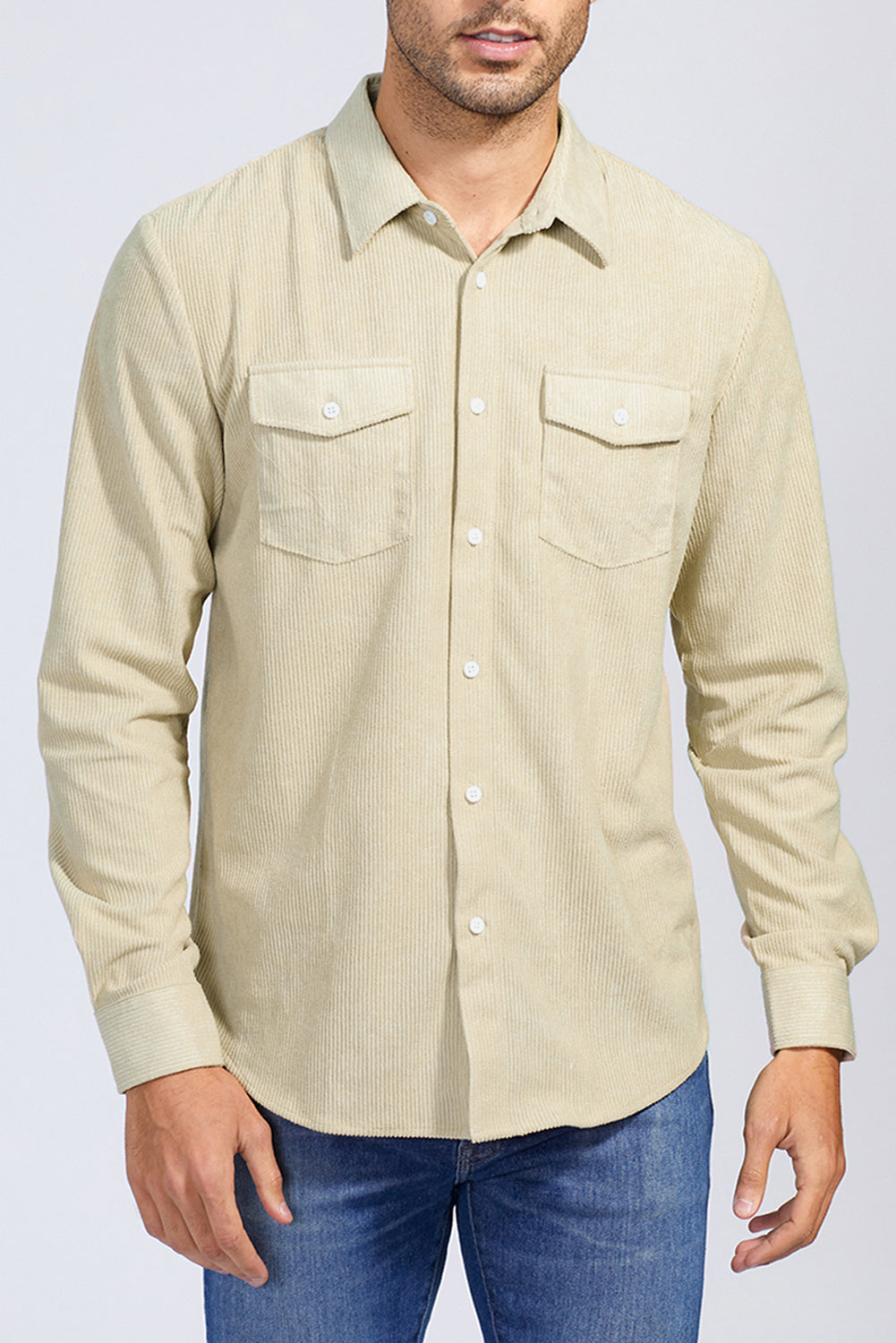 Brown Men Corduroy Flap Pocket Button Front Shirt