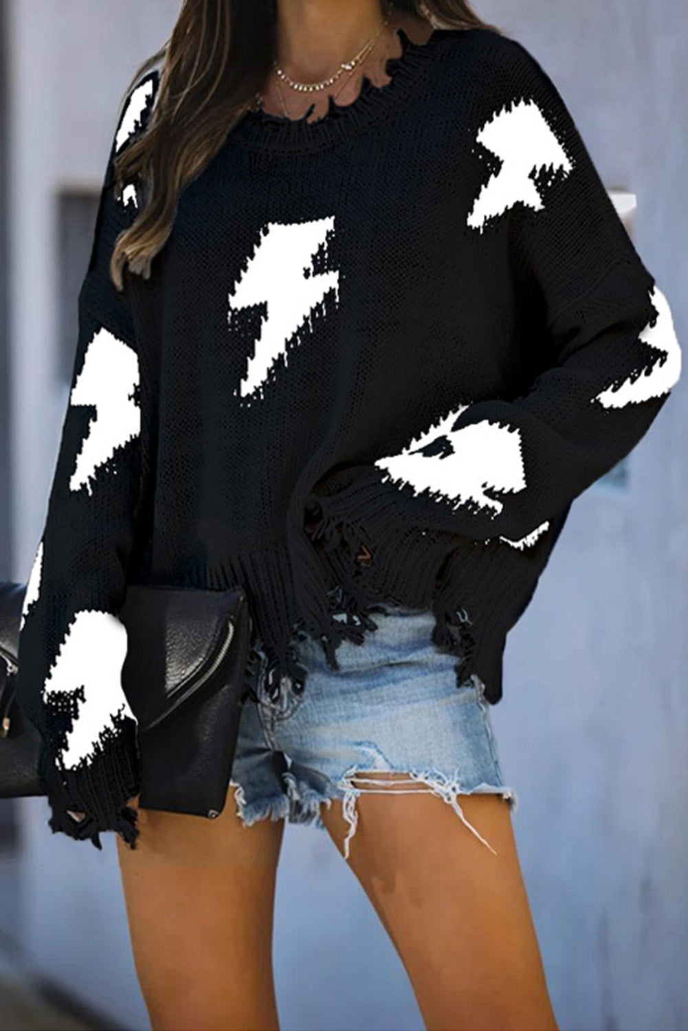 White Distressed Knit Bolt Sweater