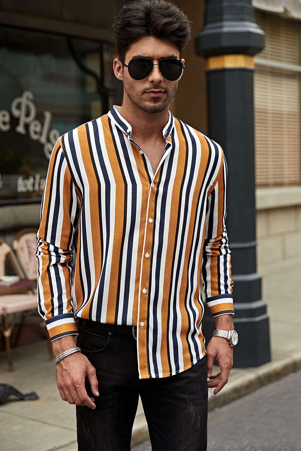 Multicolor Striped Print Buttons Men's Long Sleeve Shirt