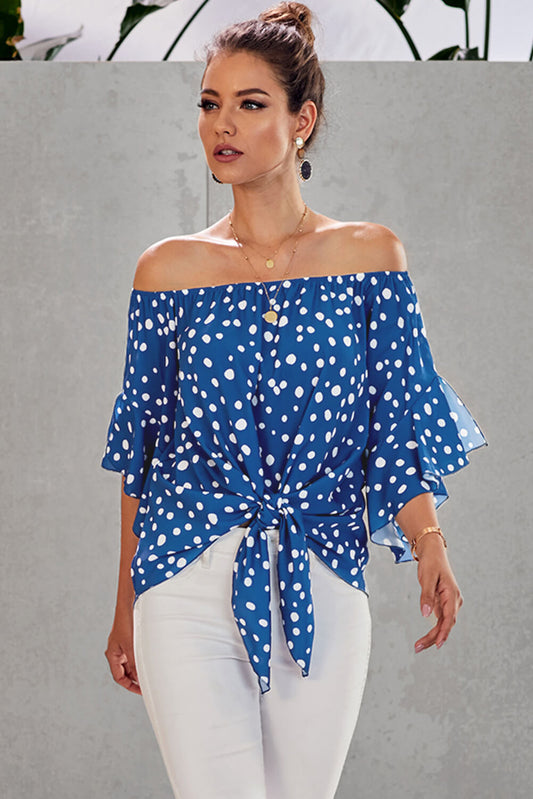 Sky Blue Polka Dot 3/4 Bell Sleeve Off Shoulder Front Tie Knot Top