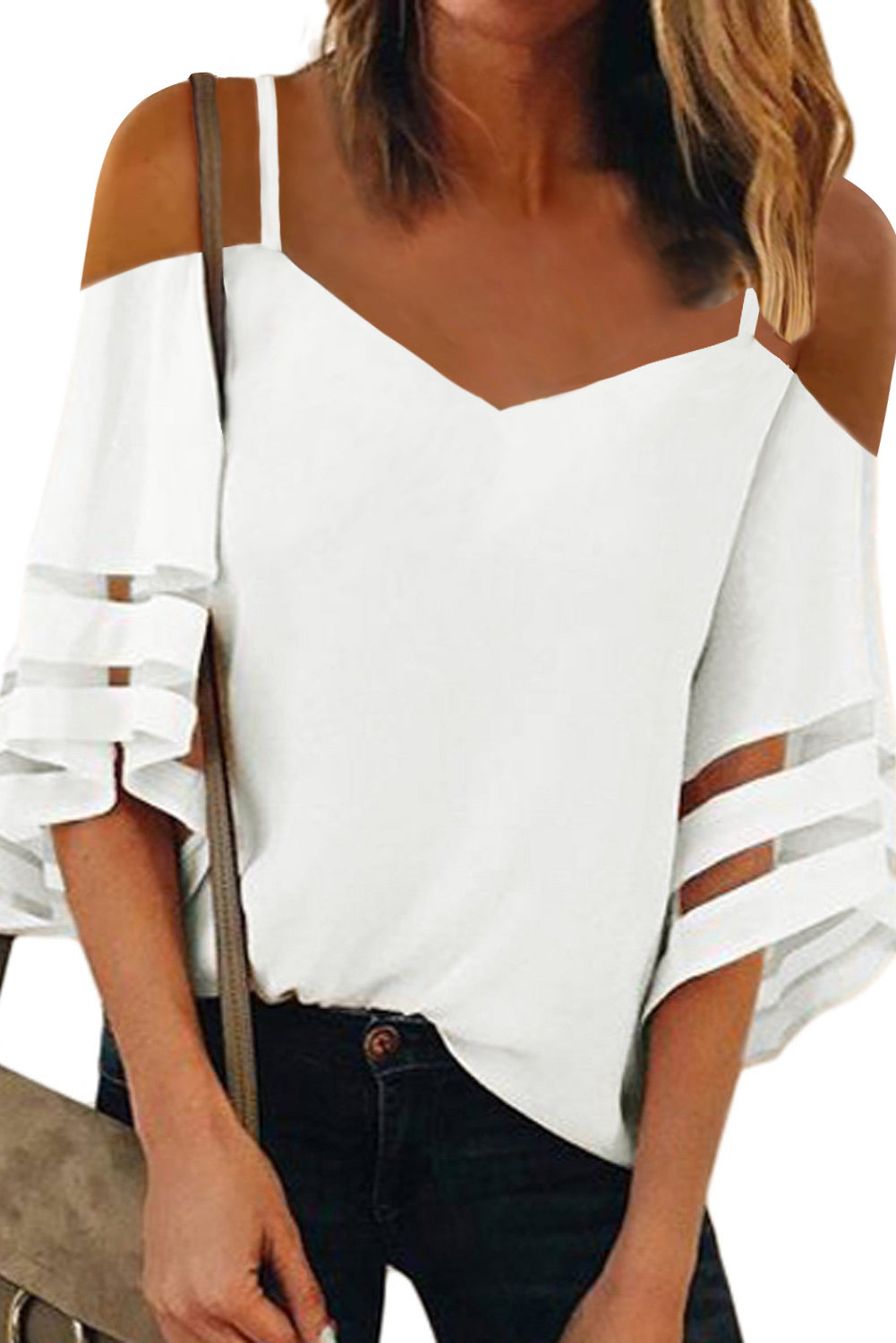 White Spaghetti Straps Cold Shoulder Mesh Insert Bell Sleeve Blouse