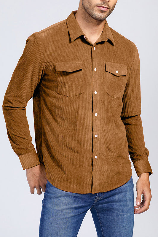 Brown Men Corduroy Flap Pocket Button Front Shirt