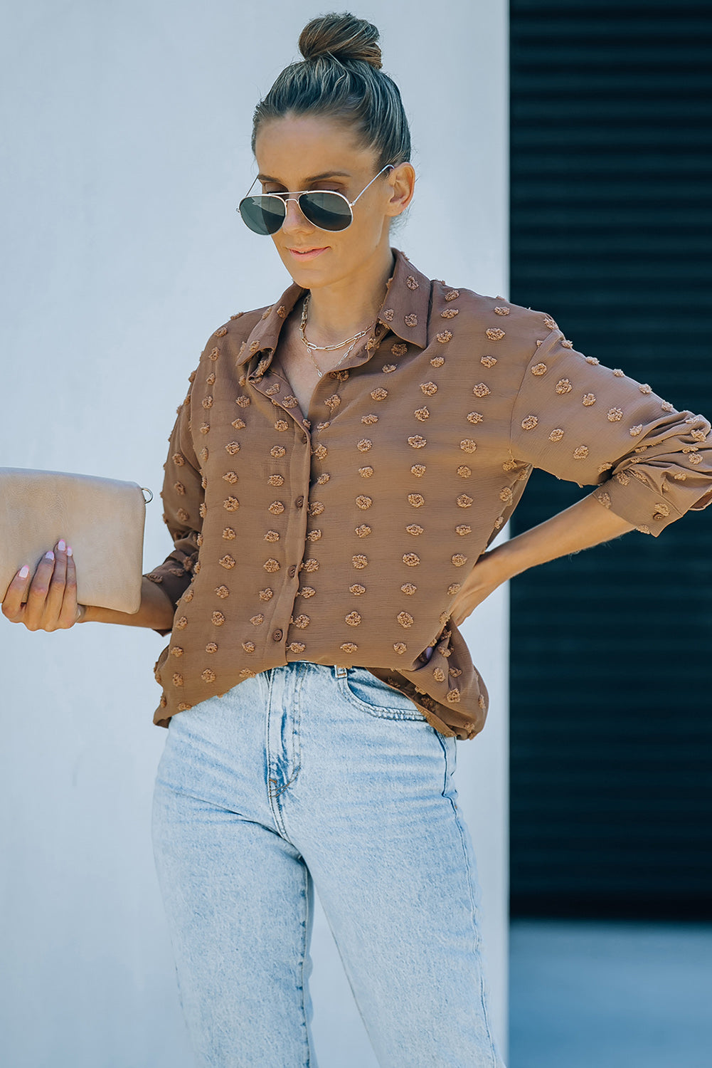 Fiery Red Long Sleeve Button Fuzzy Polka Dot Shirt