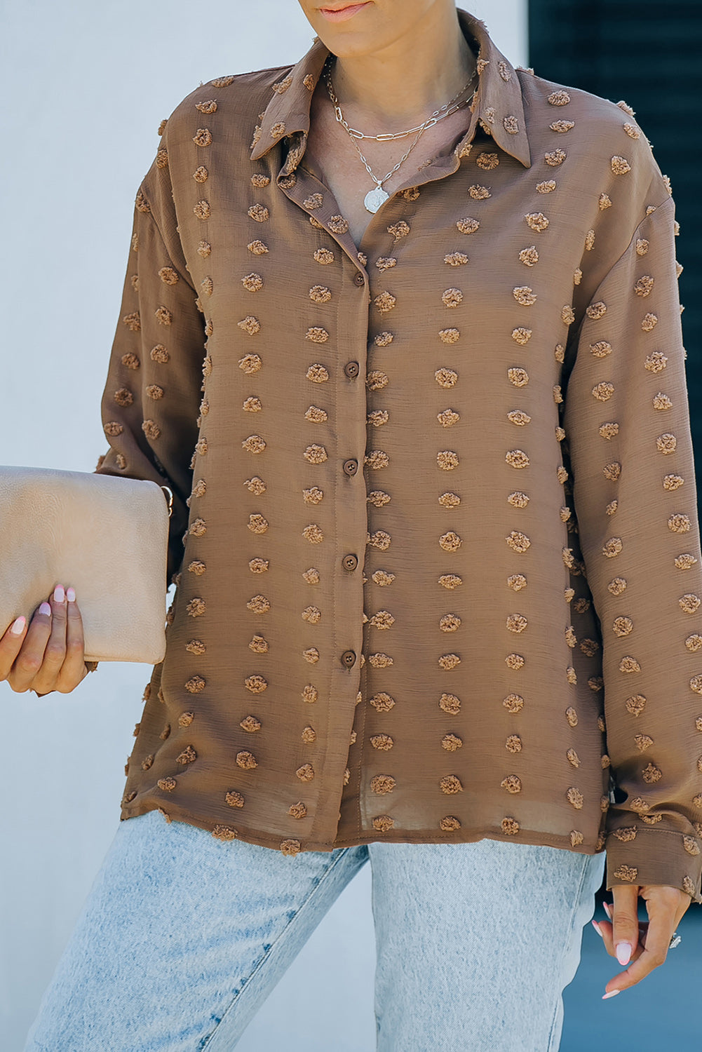 Fiery Red Long Sleeve Button Fuzzy Polka Dot Shirt