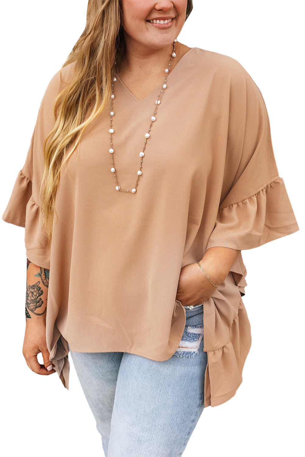 Smoke Gray Plus Size Ruffled Batwing Sleeve V Neck Blouse