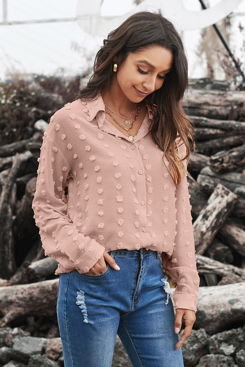 Fiery Red Long Sleeve Button Fuzzy Polka Dot Shirt