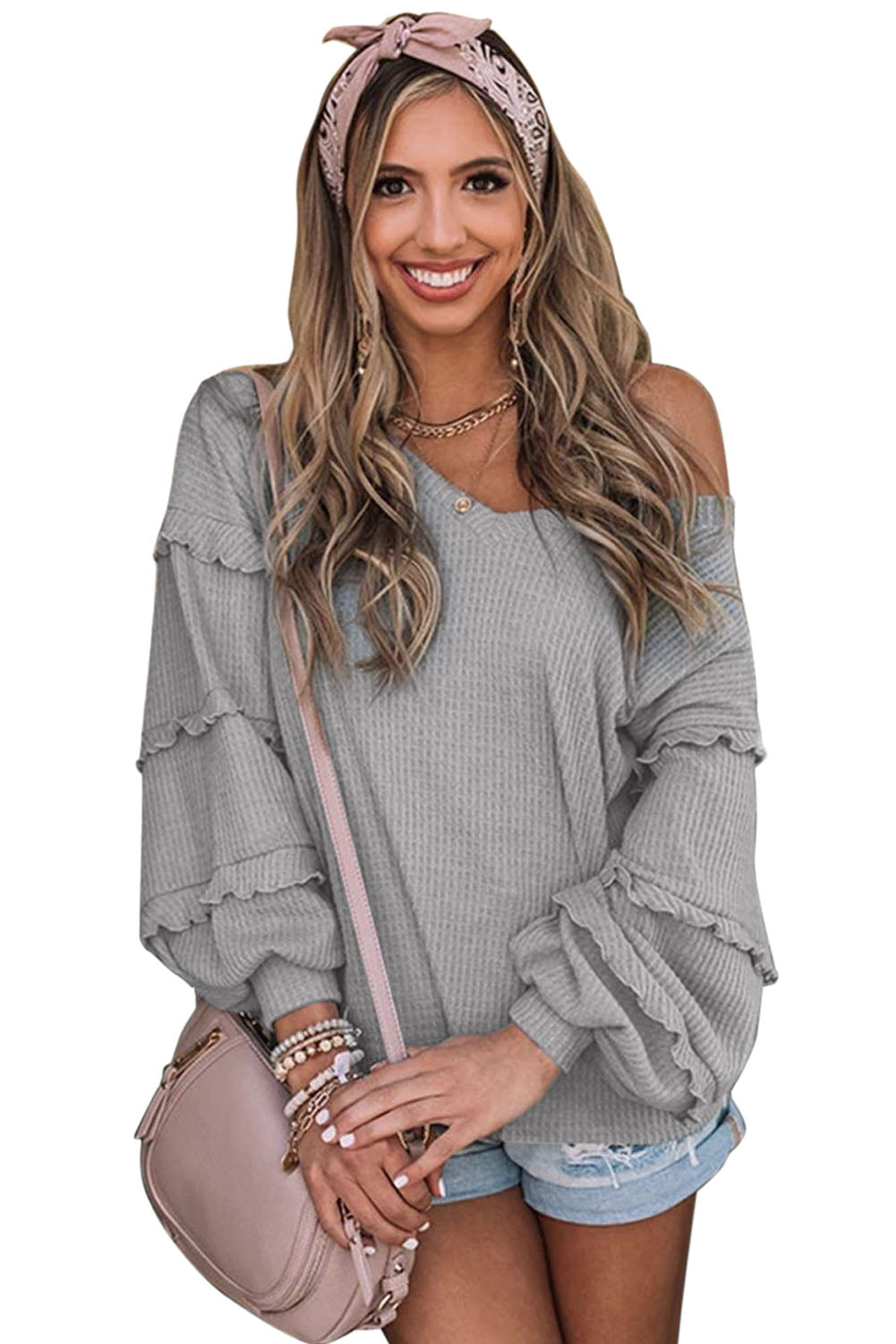 Grey Waffle Ruffled V Neck Loose Knit Top