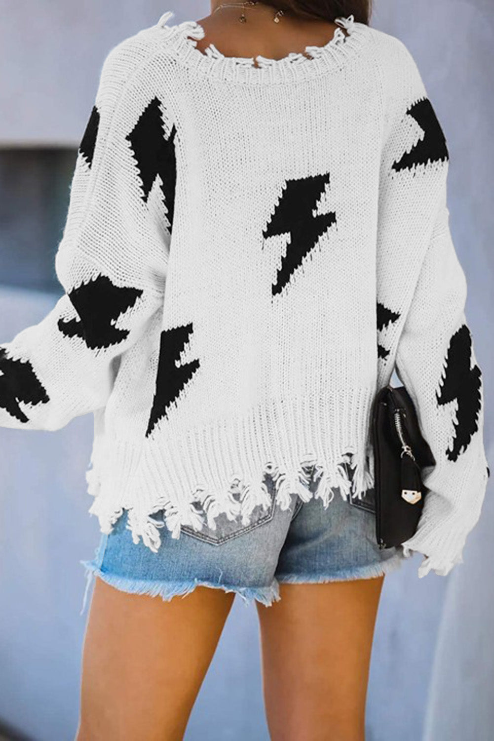 White Distressed Knit Bolt Sweater