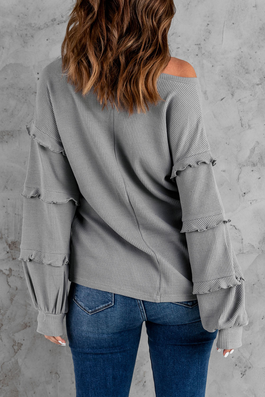 Grey Waffle Ruffled V Neck Loose Knit Top